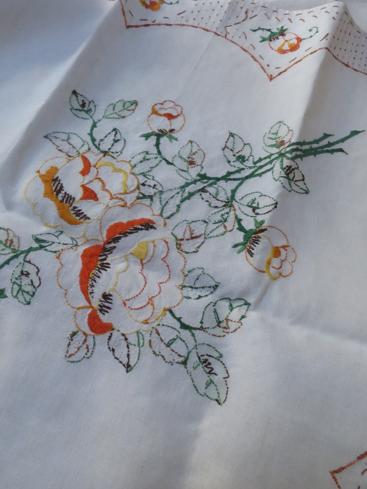 Art Deco Irish Linen Tablecloth with Hand-Painted & Embroidered Roses
