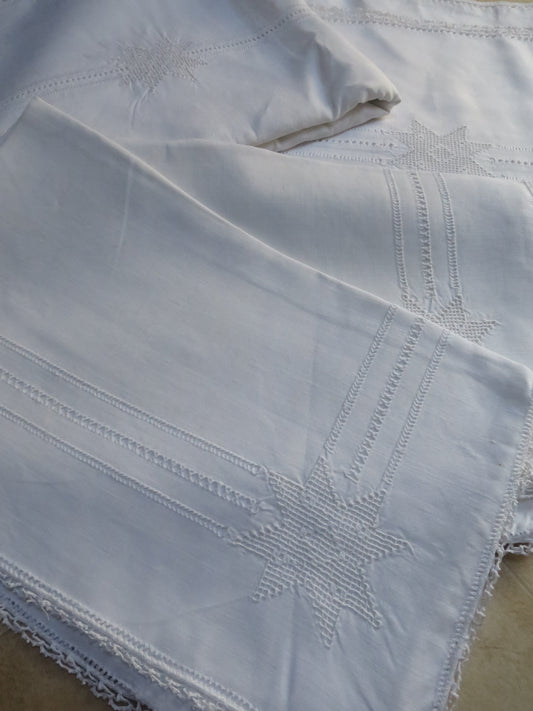 Cypriot Lefkara Linen Bedding Set, Two Sheets & Two Pillowcases, circa 1930