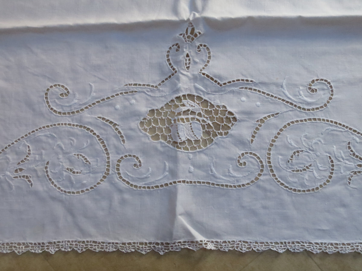 Edwardian Linen Tablecloth with Pictorial Needle Lace, circa 1910