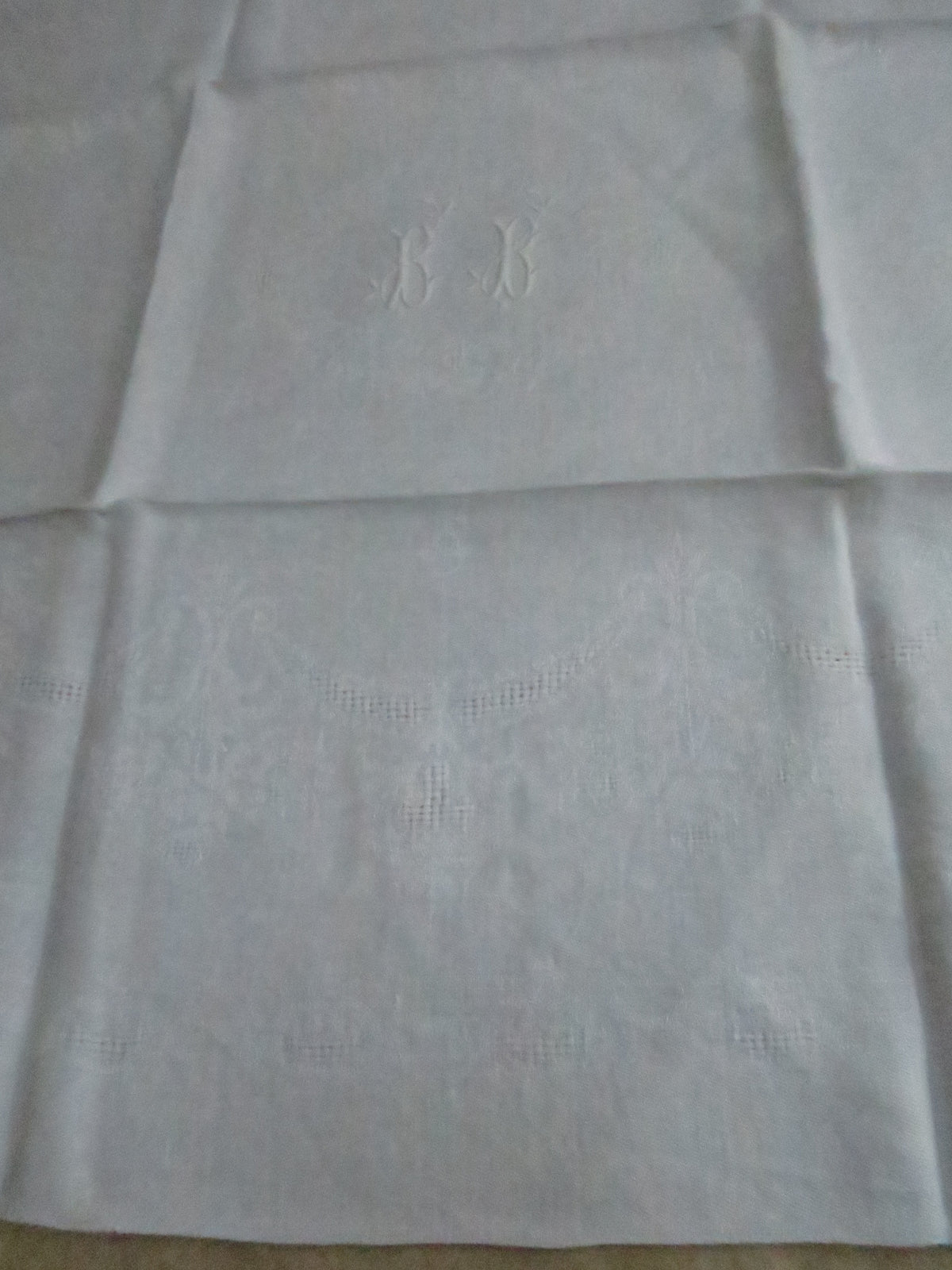 Set of 8 Antique French Linen Damask Dinner Napkins with Padded 'BB' Monogram, c. 1910