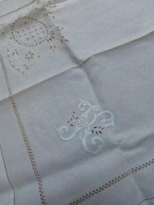 Antique Fine Linen Runner with H Monogram & Whitework, circa 1915