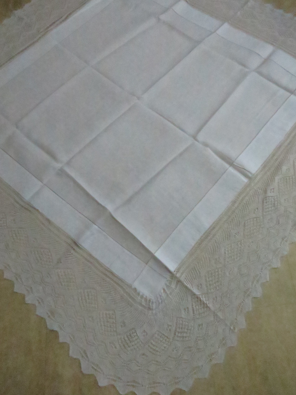 Antique Linen Tablecloth with Hand-Knitted Lace Border, circa 1915