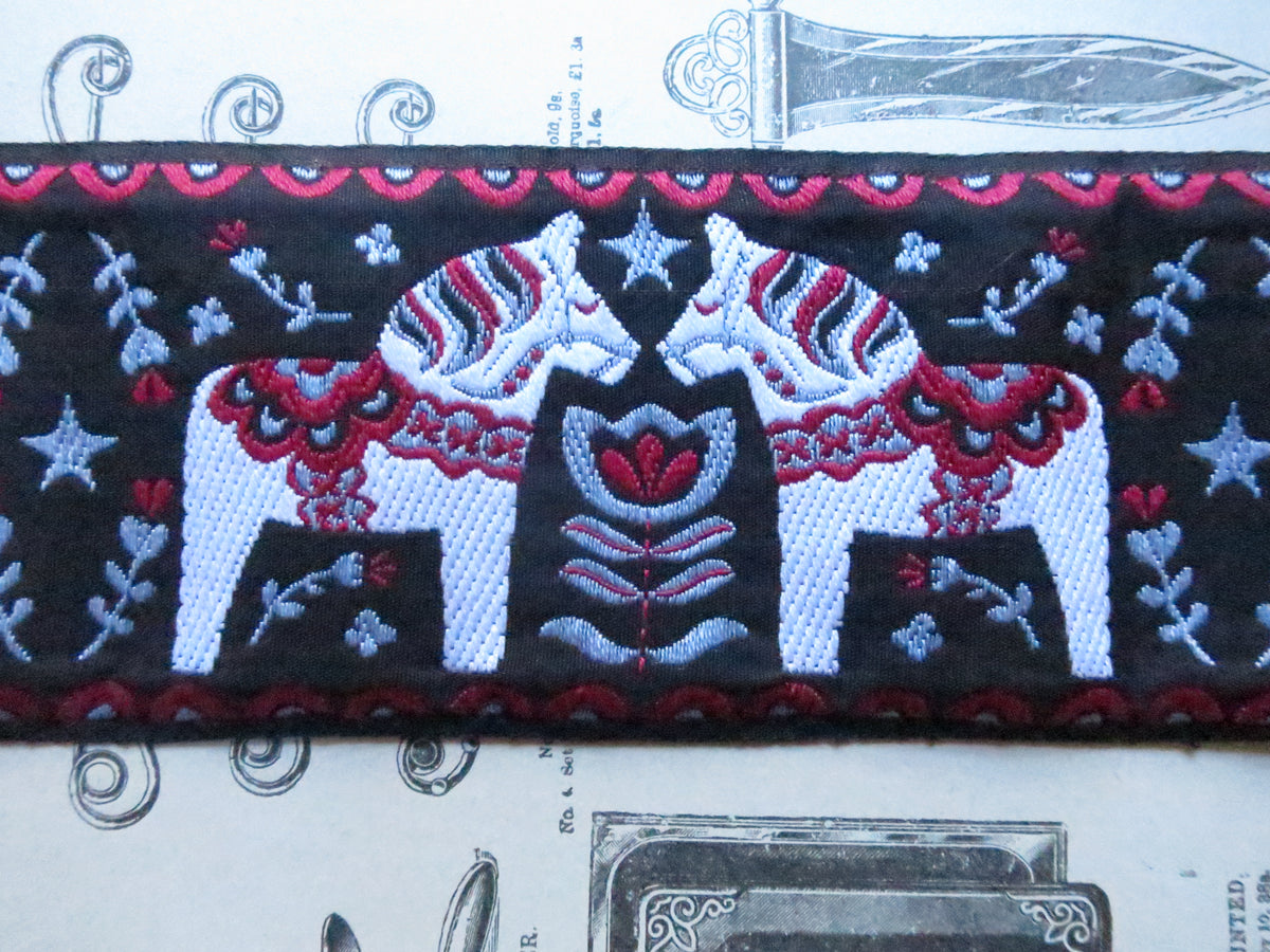 Folk Style Horses 60 mm Wide Jacquard Woven Ribbon
