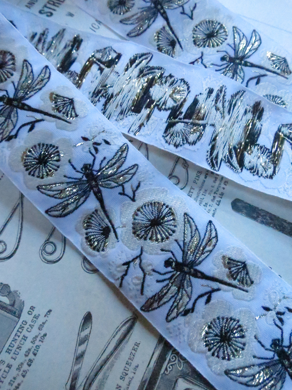 Metallic Dragonflies 40 mm  Jacquard Woven Ribbon- White