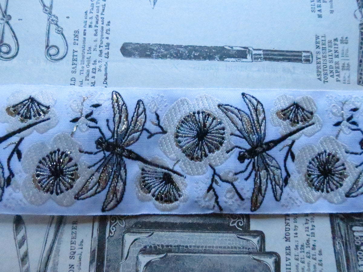 Metallic Dragonflies 40 mm  Jacquard Woven Ribbon- White