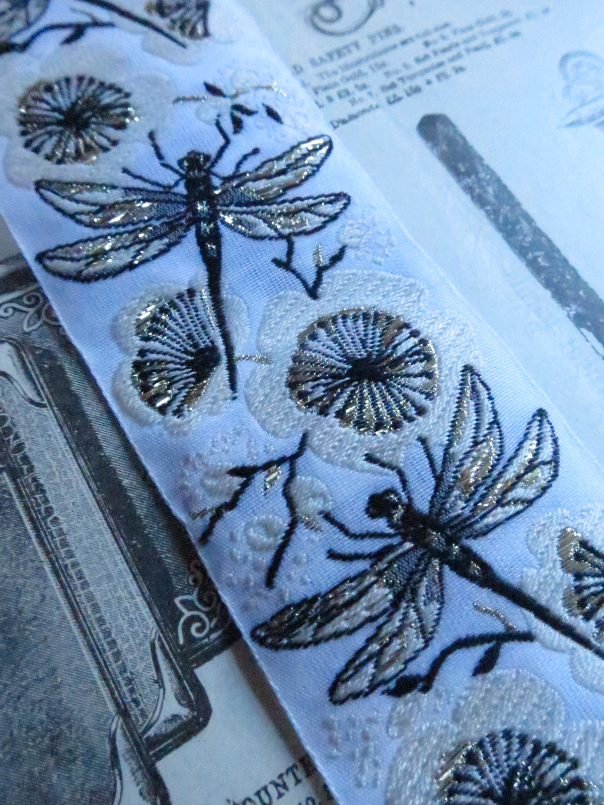 Metallic Dragonflies 40 mm  Jacquard Woven Ribbon- White