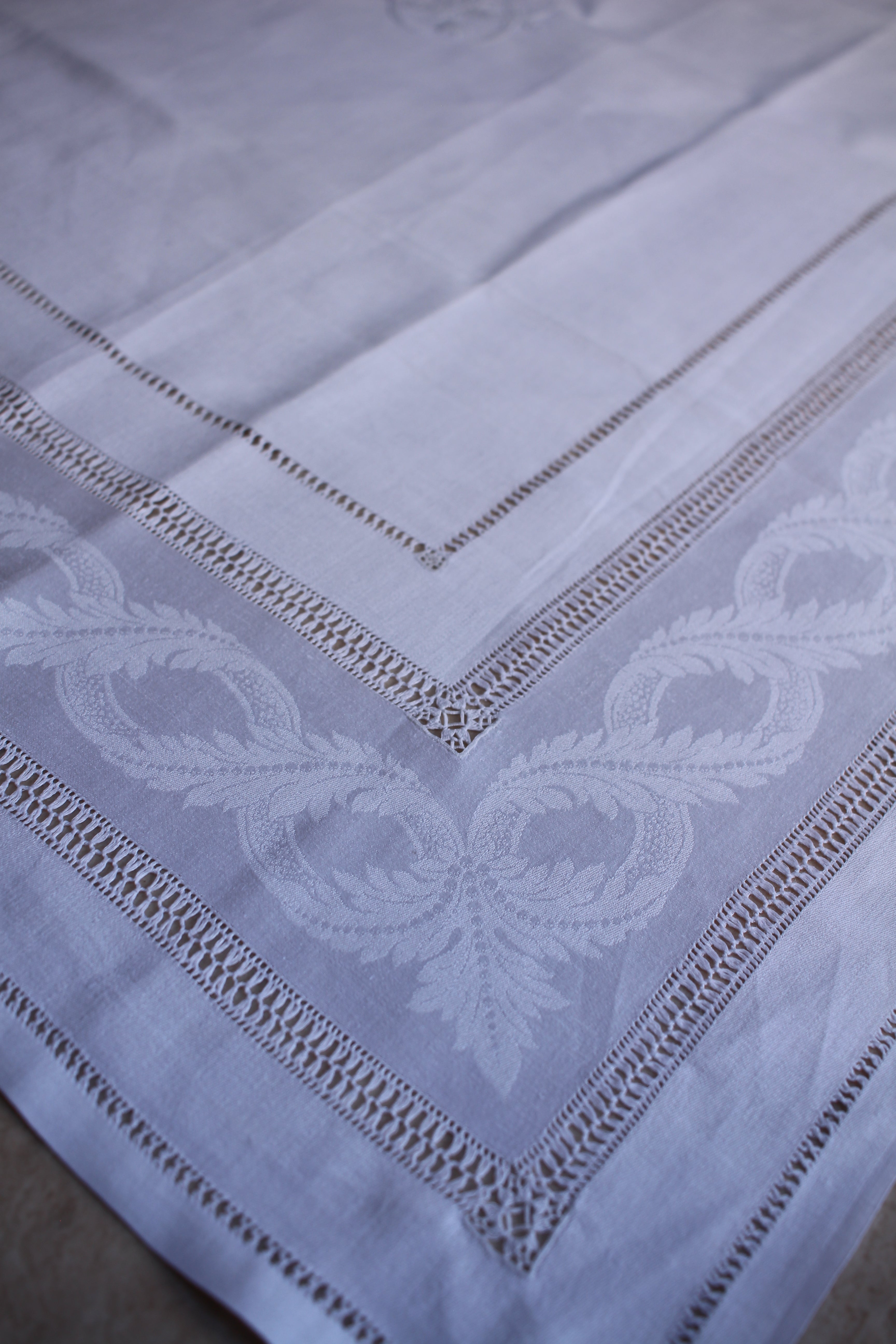 Set of 6 Antique French Linen Damask Table Toppers/ Cabaret Cloths with MD Monogram, c. 1900