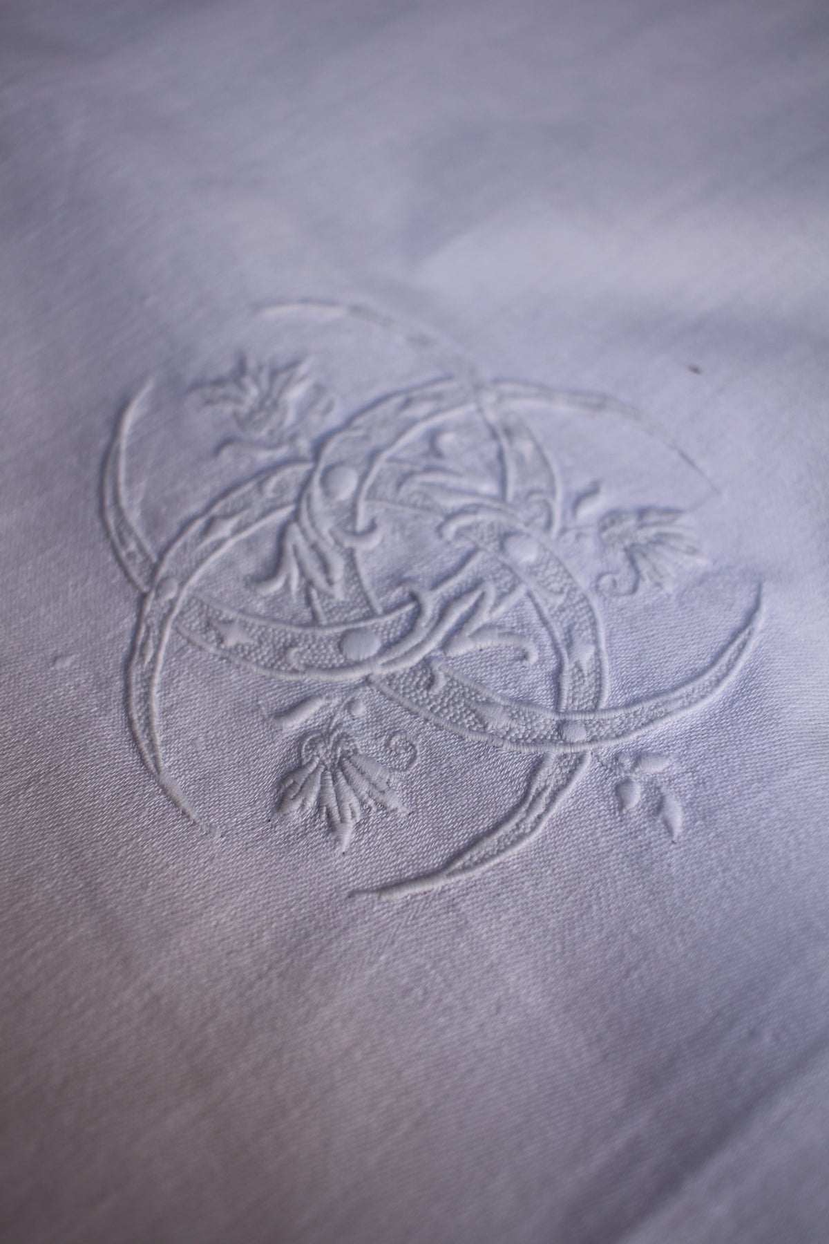 Set of 6 Antique French Linen Damask Table Toppers/ Cabaret Cloths with MD Monogram, c. 1900
