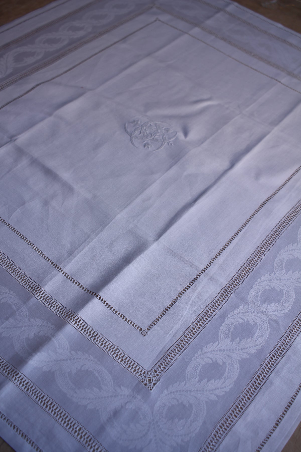 Set of 6 Antique French Linen Damask Table Toppers/ Cabaret Cloths with MD Monogram, c. 1900