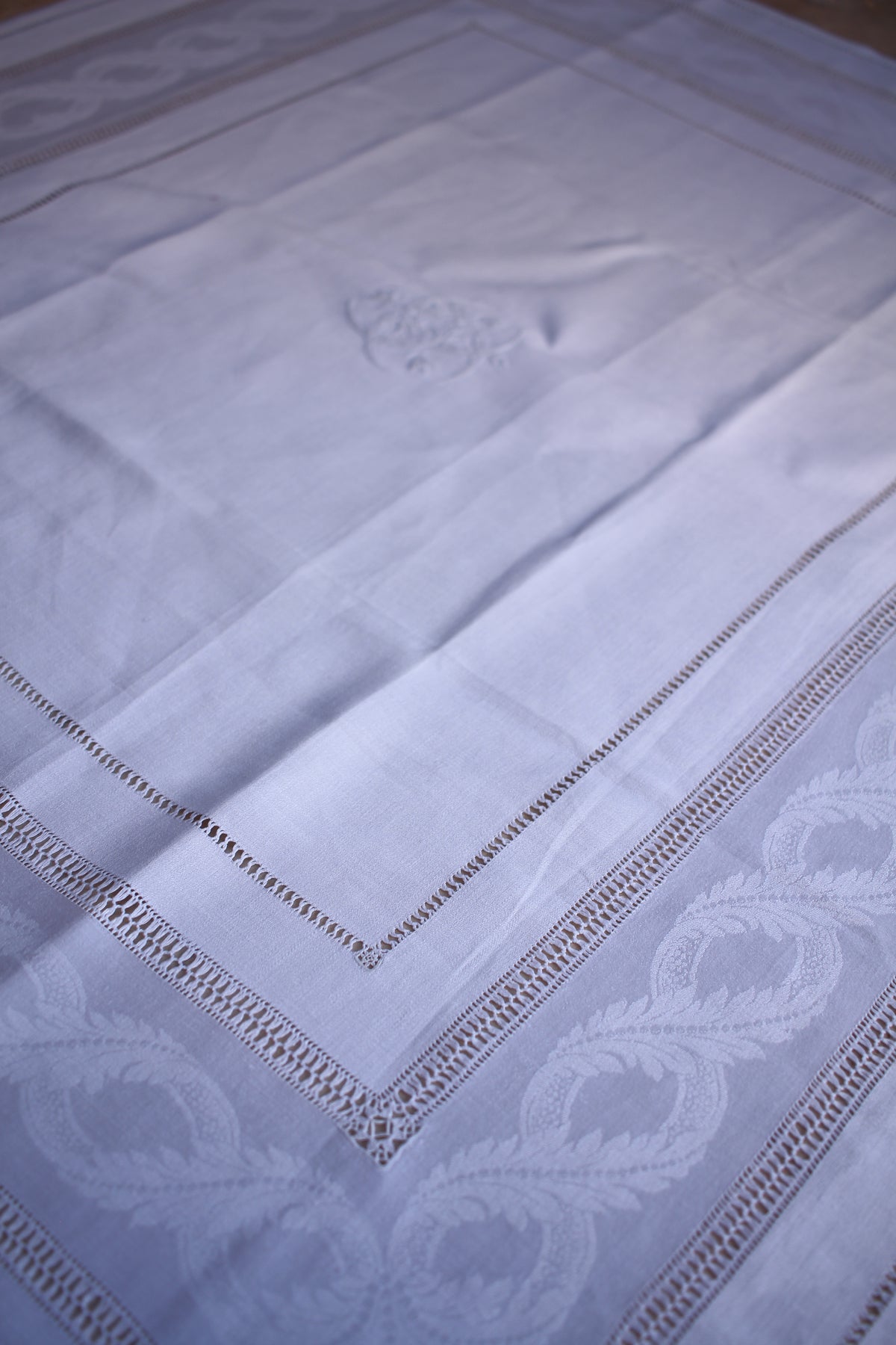 Set of 6 Antique French Linen Damask Table Toppers/ Cabaret Cloths with MD Monogram, c. 1900