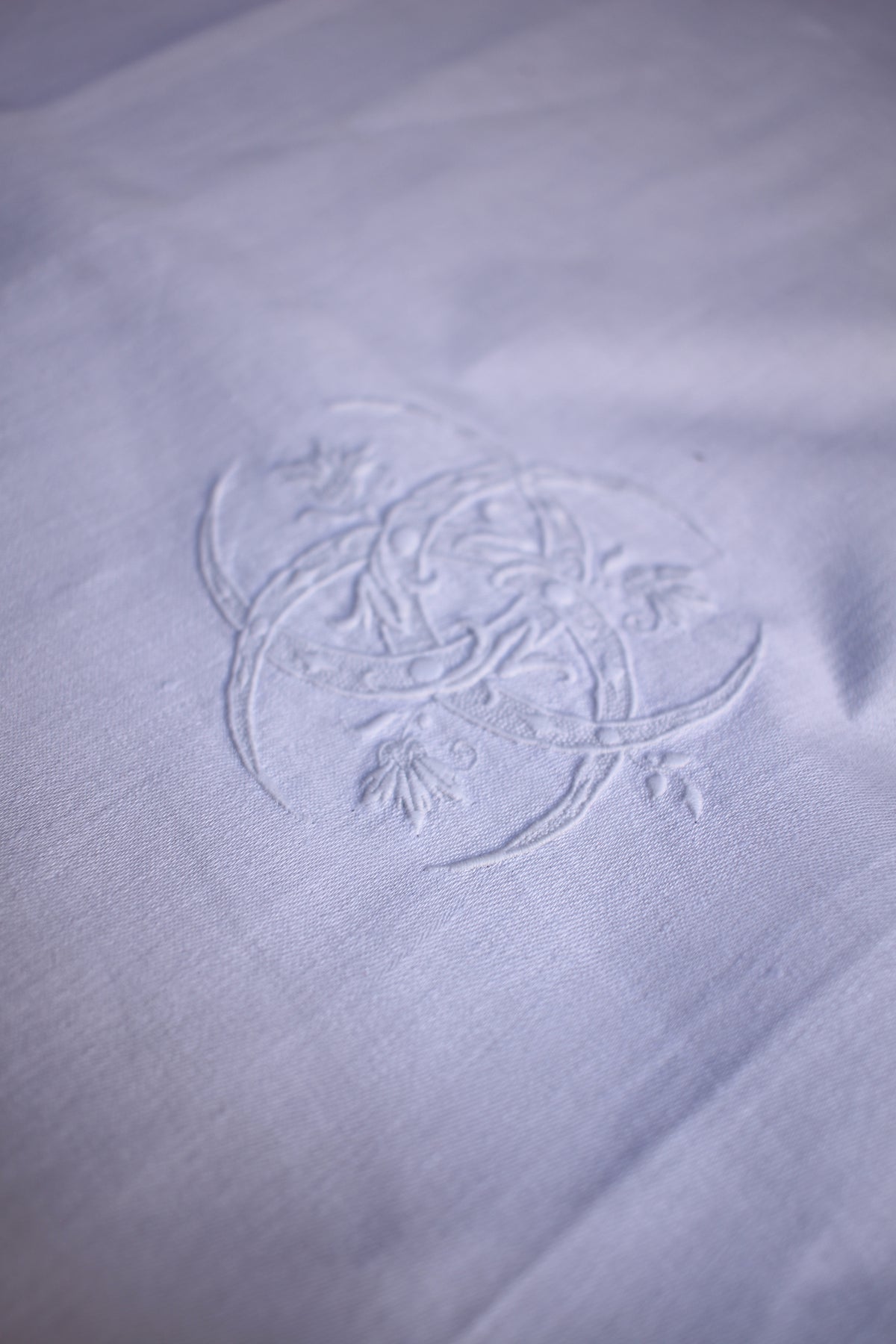 Set of 6 Antique French Linen Damask Table Toppers/ Cabaret Cloths with MD Monogram, c. 1900