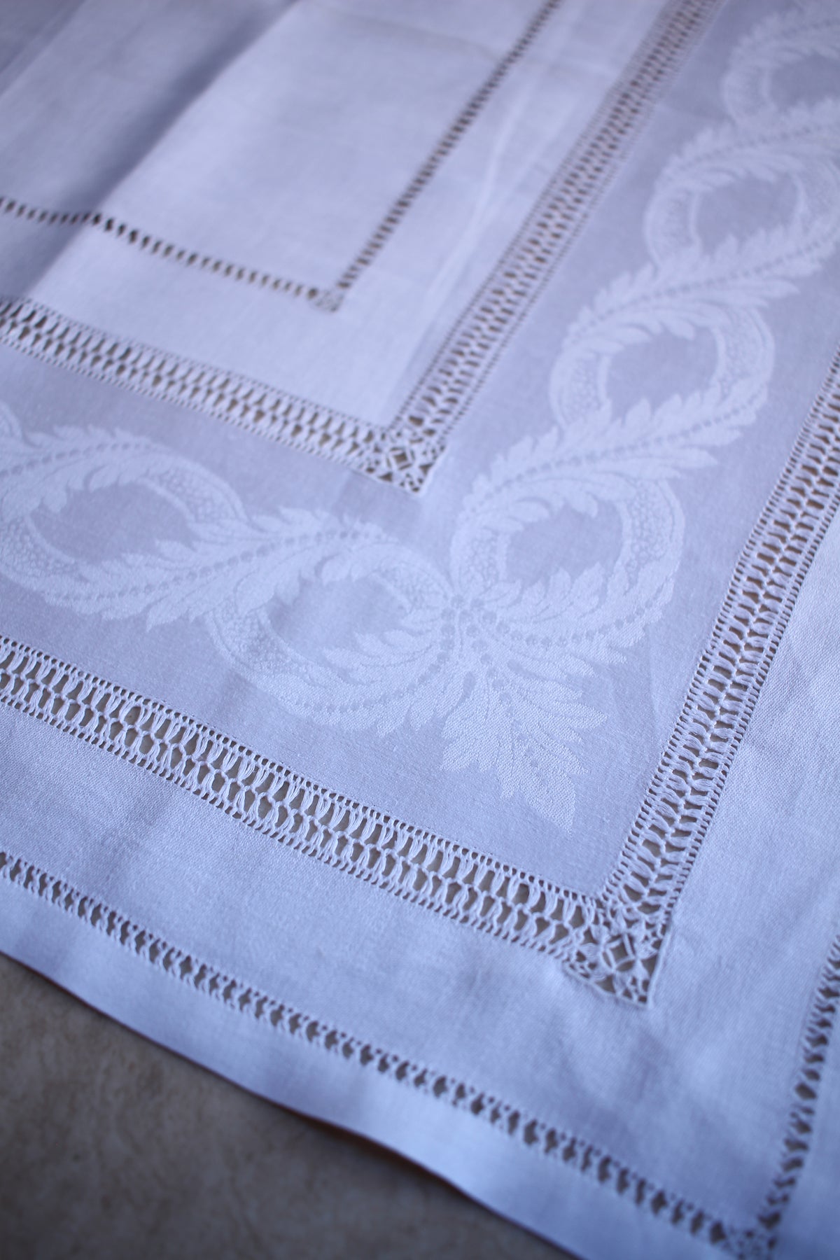 Set of 6 Antique French Linen Damask Table Toppers/ Cabaret Cloths with MD Monogram, c. 1900