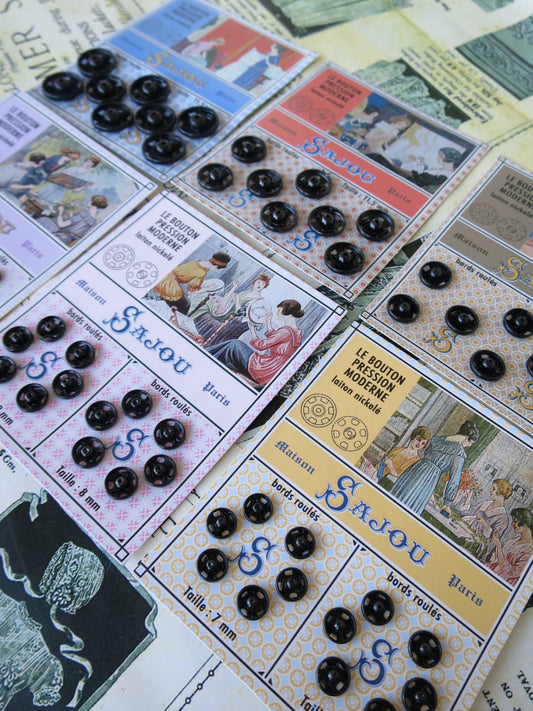 Sajou Black Carded Press Studs Snaps- Sizes- 6mm, 7mm, 8mm, 9mm, 11.5mm & 15.5mm