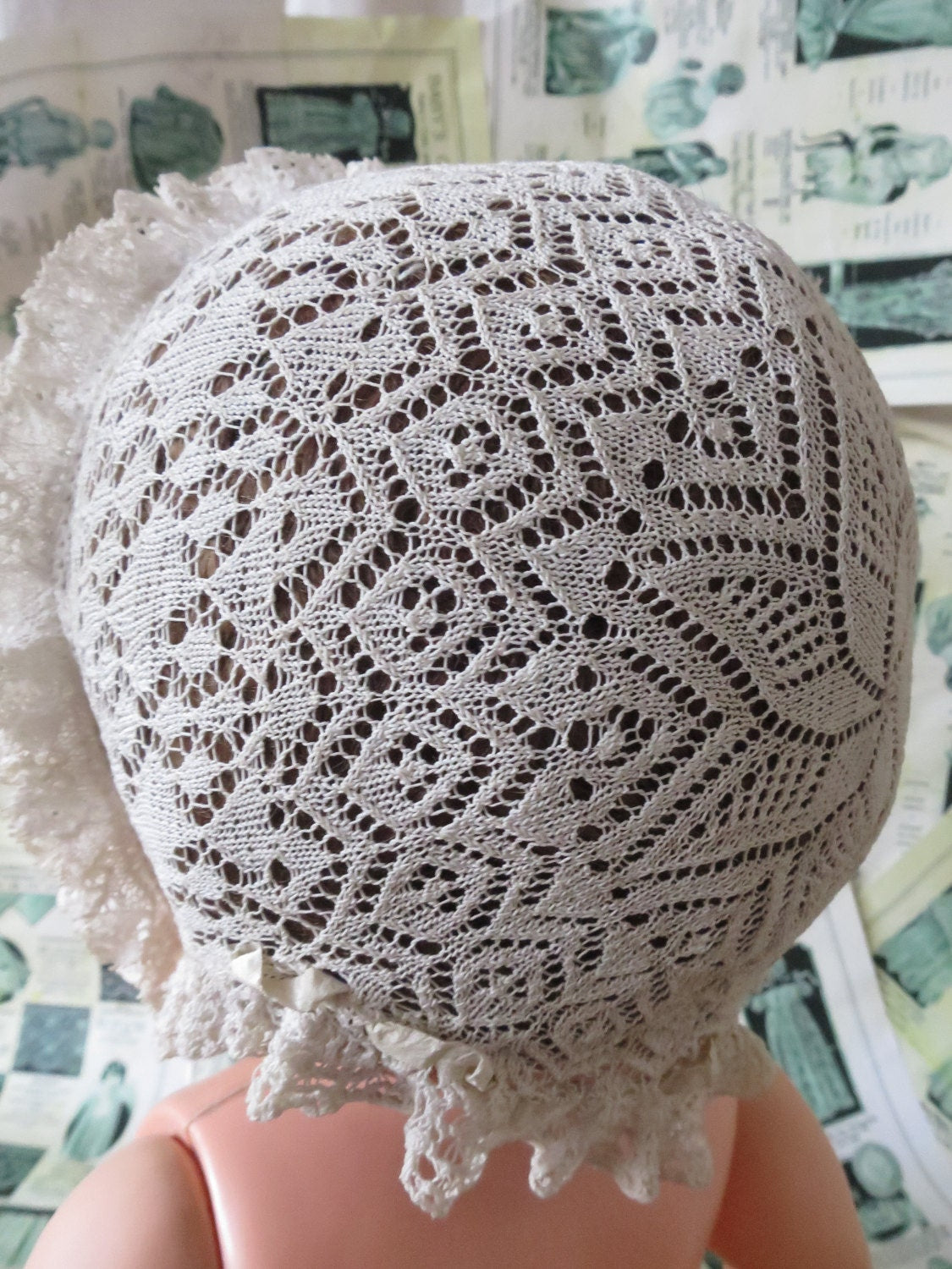 Antique Victorian Hand Knitted Shetland Lace Baby Bonnet- Pretty Bobbin Lace Trim