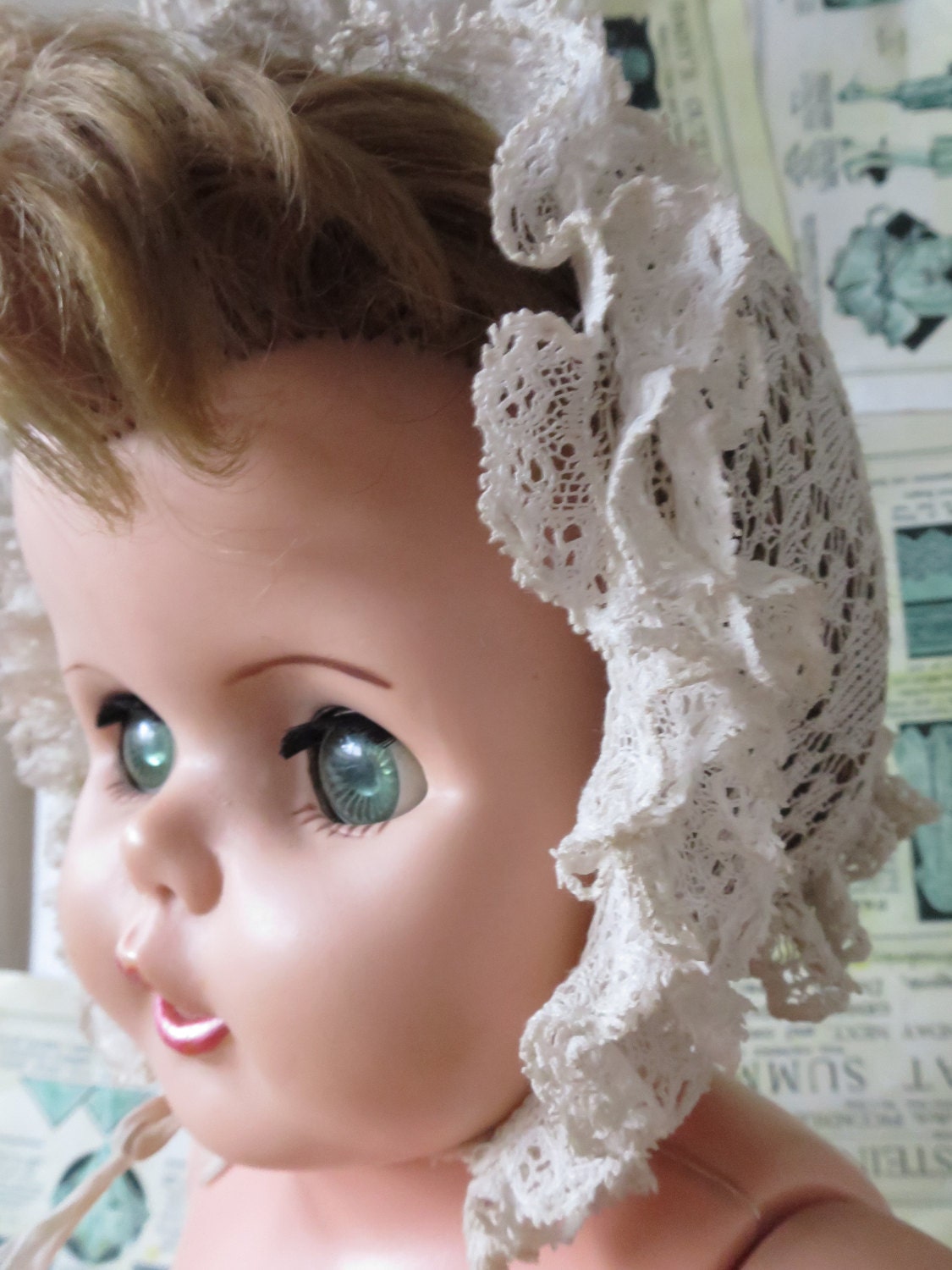 Antique Victorian Hand Knitted Shetland Lace Baby Bonnet- Pretty Bobbin Lace Trim
