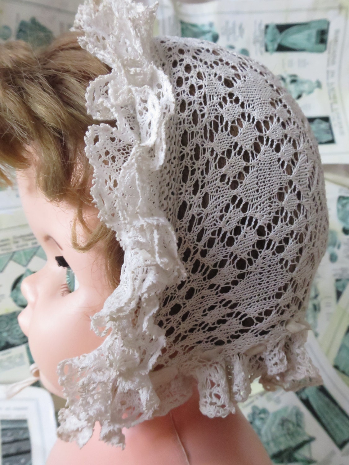 Antique Victorian Hand Knitted Shetland Lace Baby Bonnet- Pretty Bobbin Lace Trim