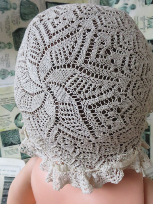 Antique Victorian Hand Knitted Shetland Lace Baby Bonnet- Pretty Bobbin Lace Trim
