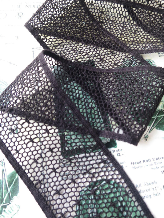 Black English Nottingham Cluny Lace- Polka Dot Net- Insertion- 6cm