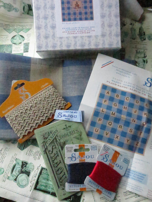 Sajou Gift Box Cross Stitch Boxed Kit- Plaid Linen Throw- Gothic Letters- 651 Sajou Album