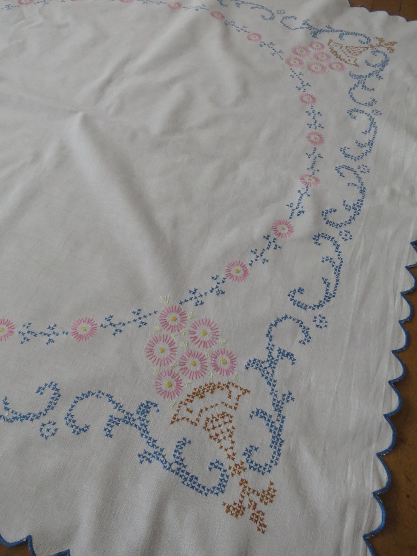 Pretty Vintage Linen Union Table Cloth- Hand Embroidered Cross Stitch Flowers