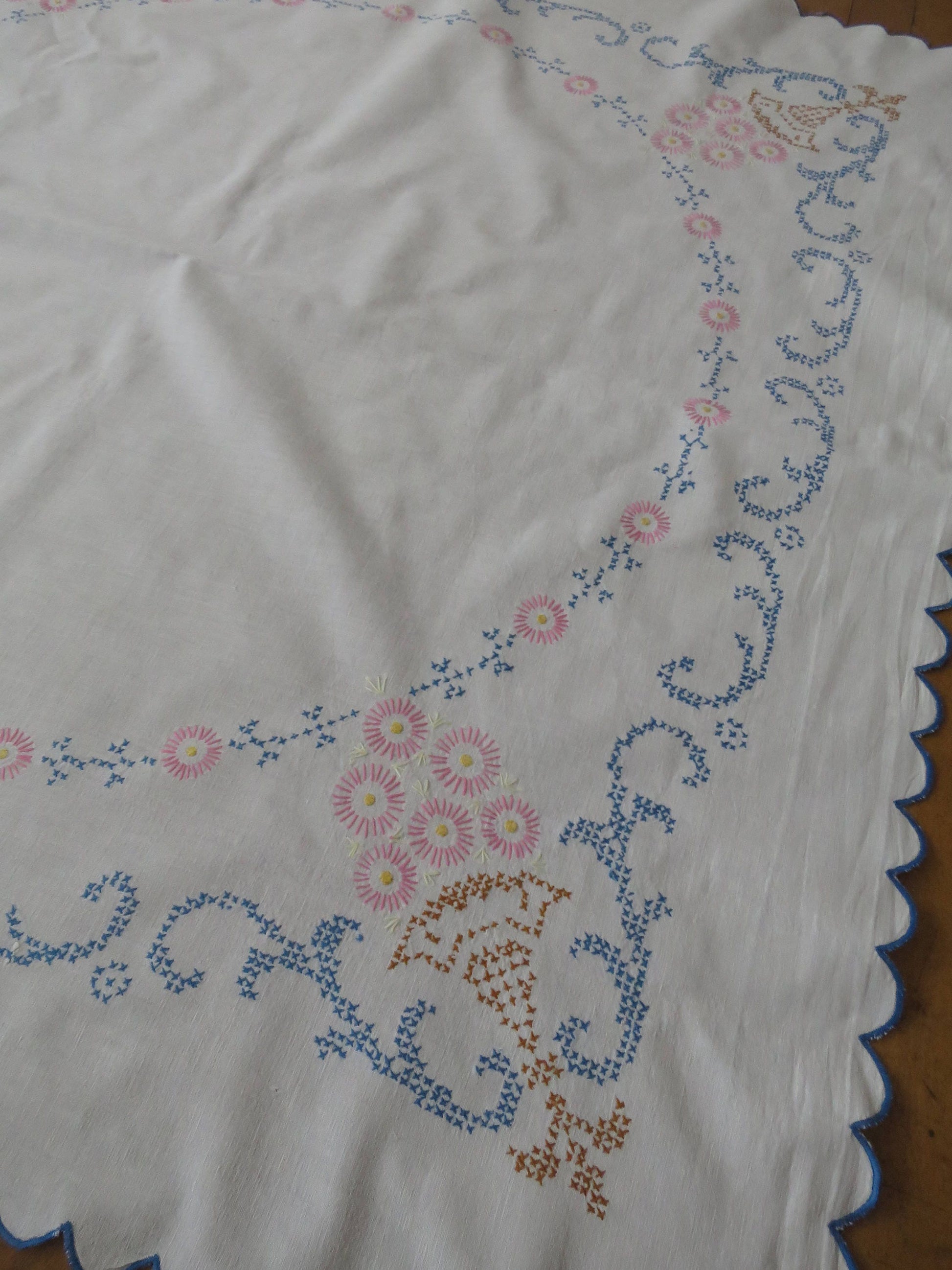 Pretty Vintage Linen Union Table Cloth- Hand Embroidered Cross Stitch Flowers