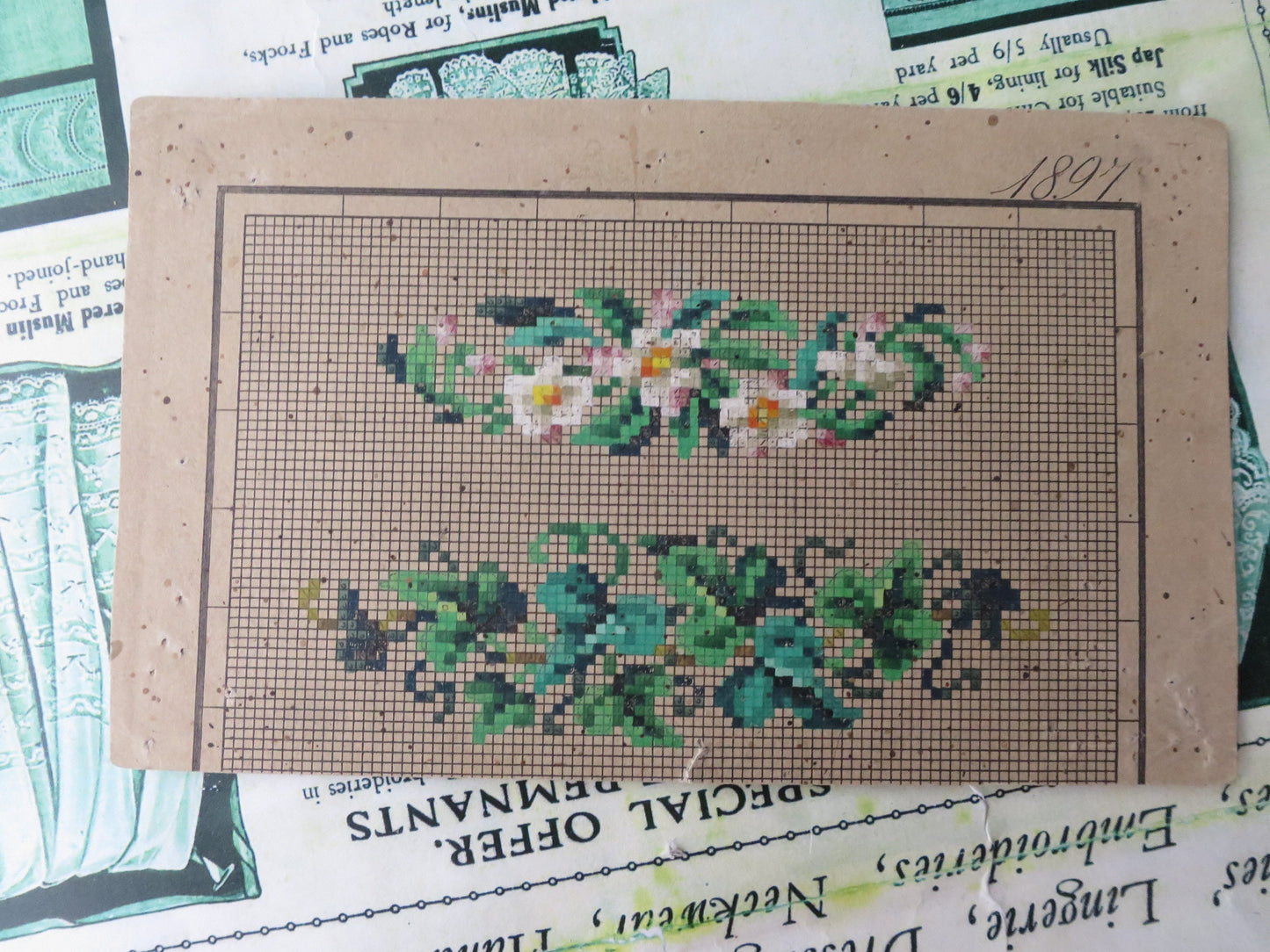 Antique Hand Painted Berlin Woolwork Embroidery Chart- Floral Motifs