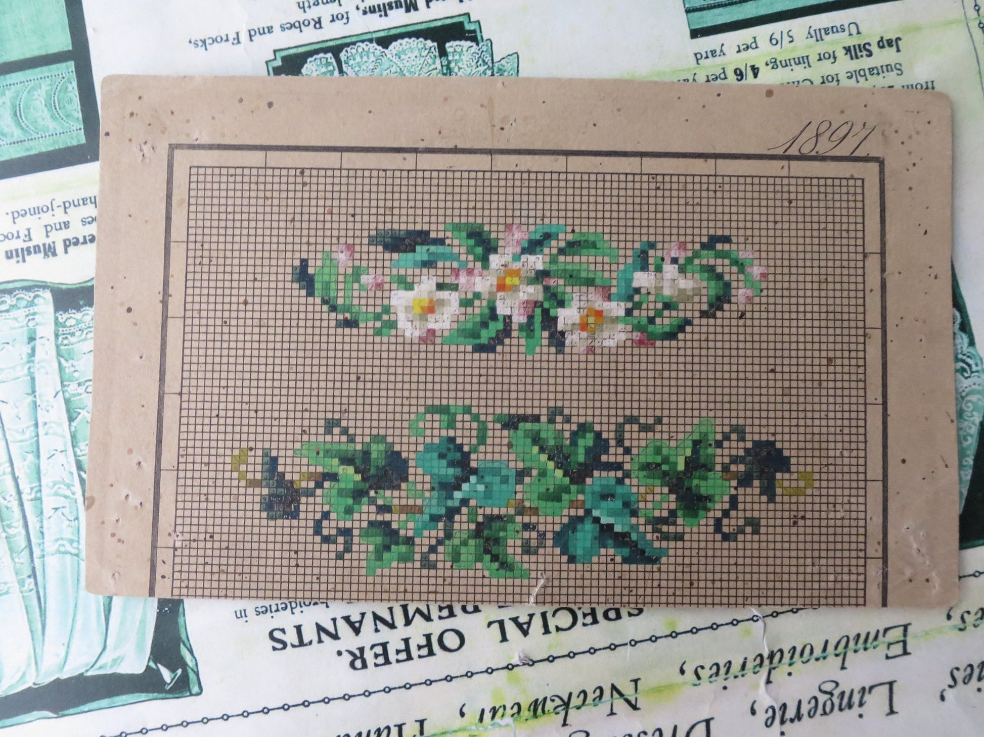 Antique Hand Painted Berlin Woolwork Embroidery Chart- Floral Motifs