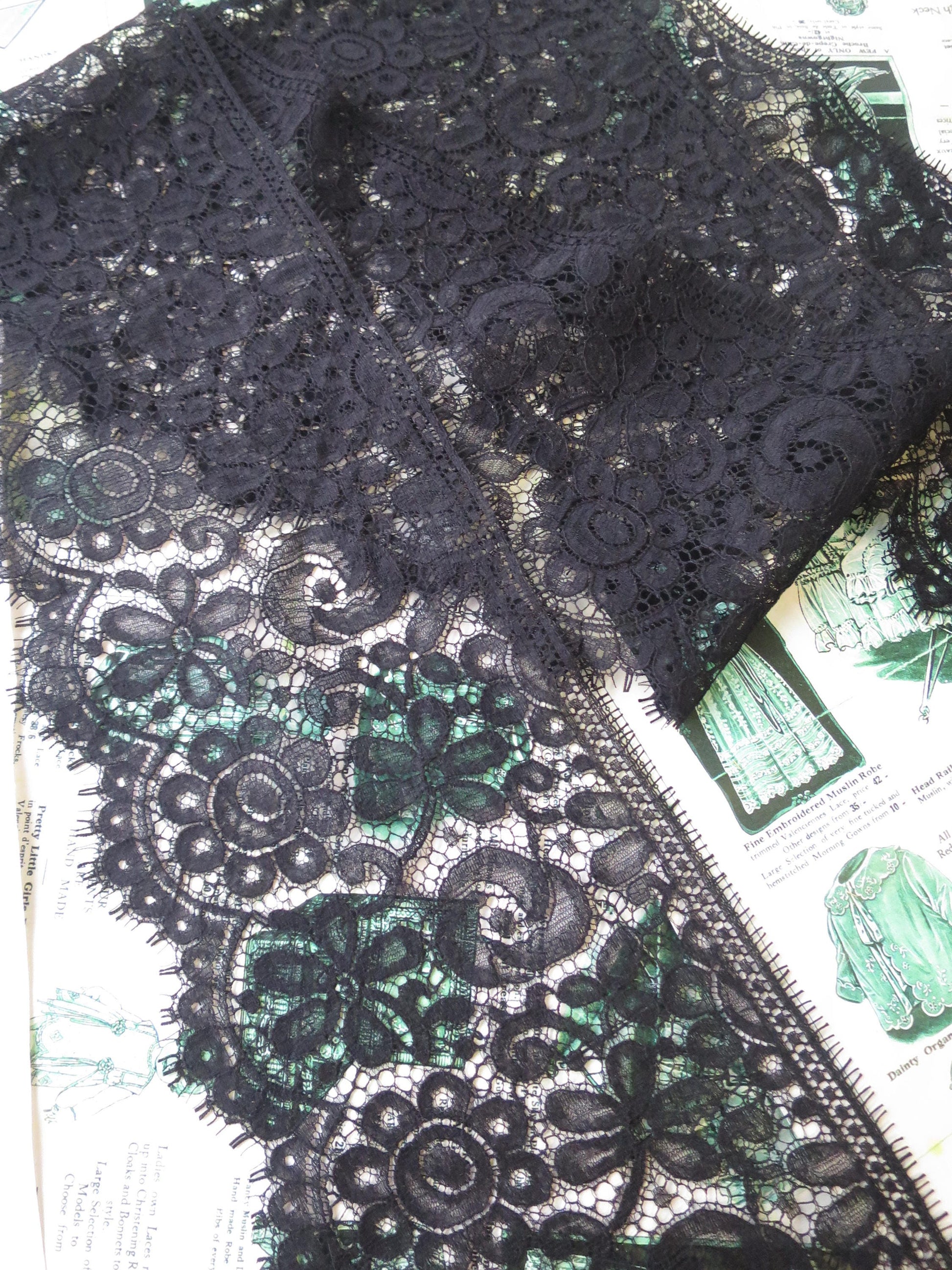 Black English Nottingham Lace- Floral Eyelash Guipure- 15 cm