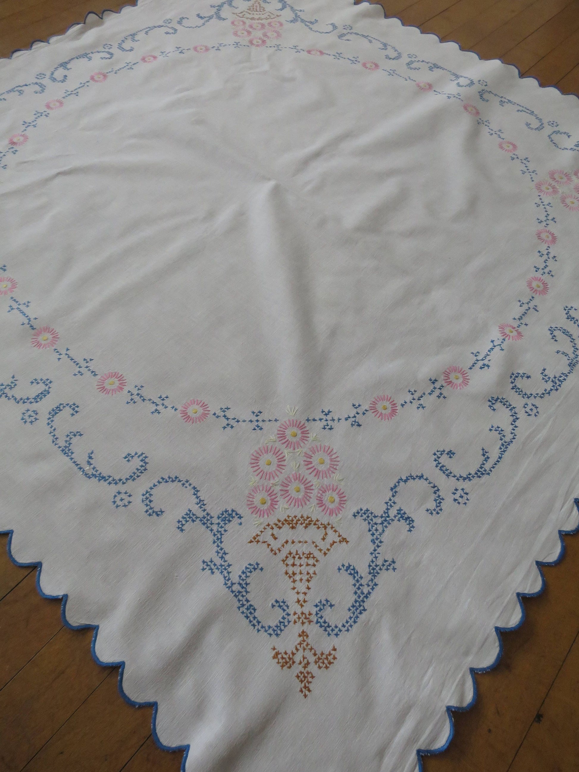 Pretty Vintage Linen Union Table Cloth- Hand Embroidered Cross Stitch Flowers