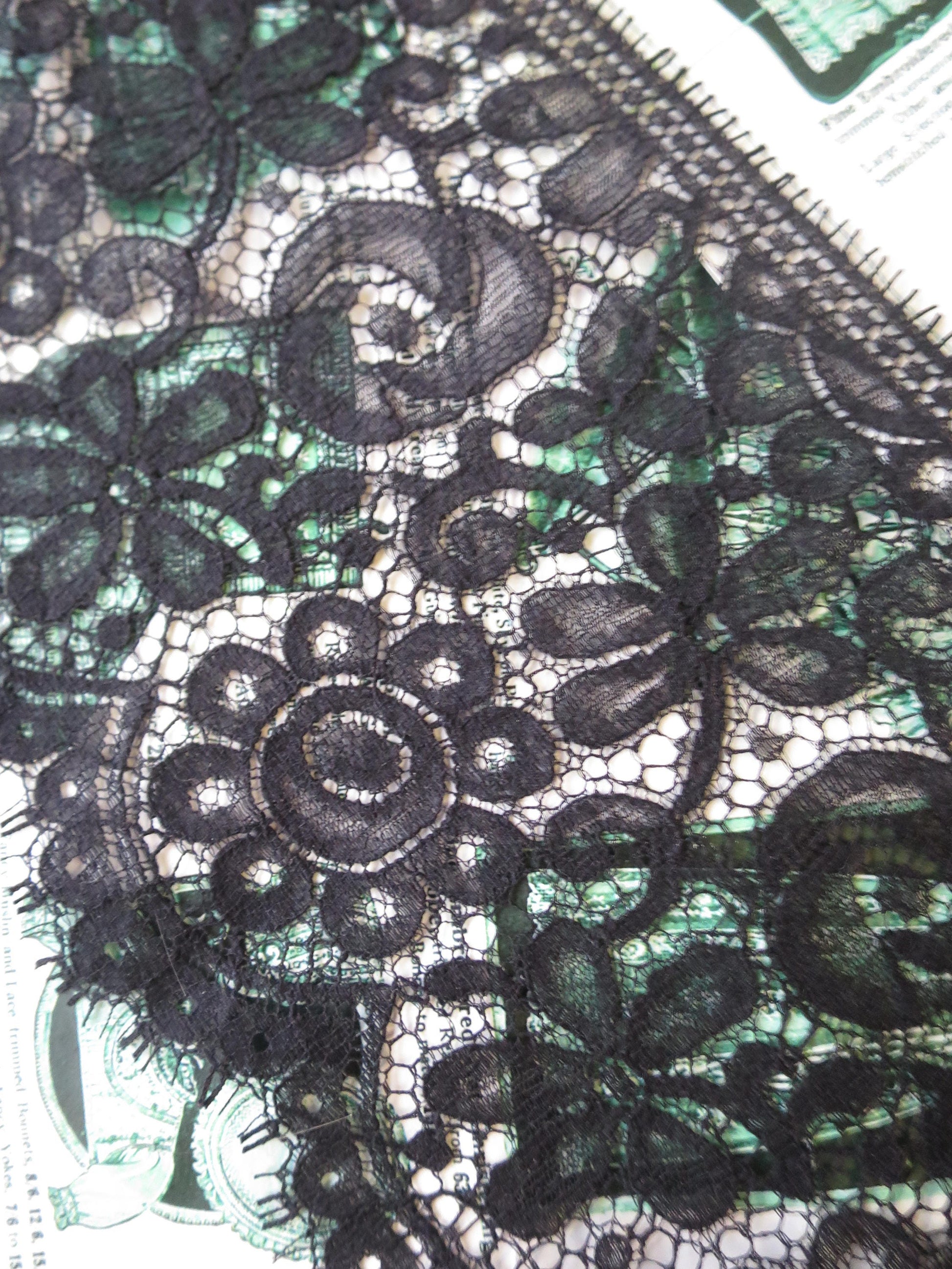 Black English Nottingham Lace- Floral Eyelash Guipure- 15 cm