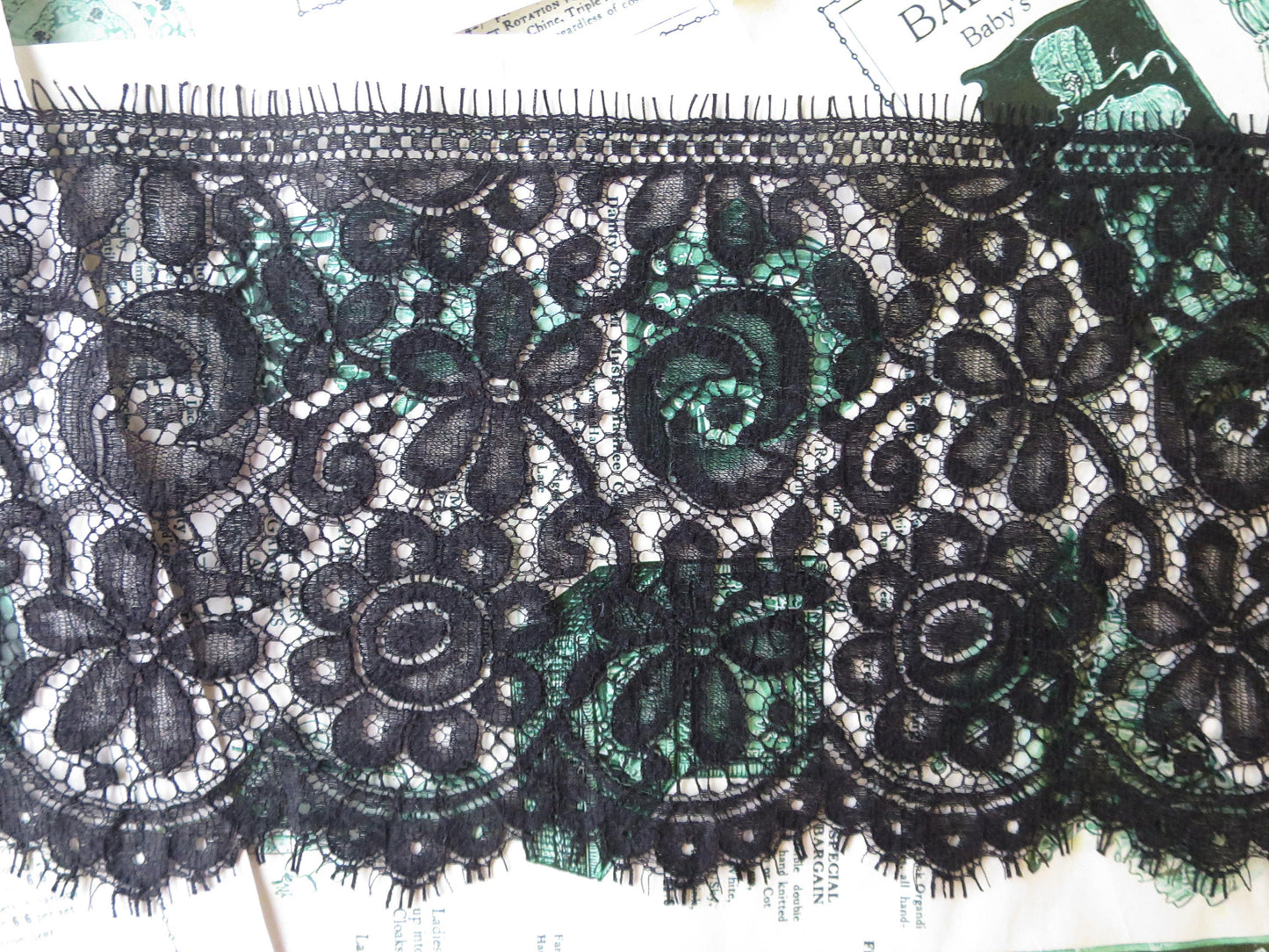 Black English Nottingham Lace- Floral Eyelash Guipure- 15 cm