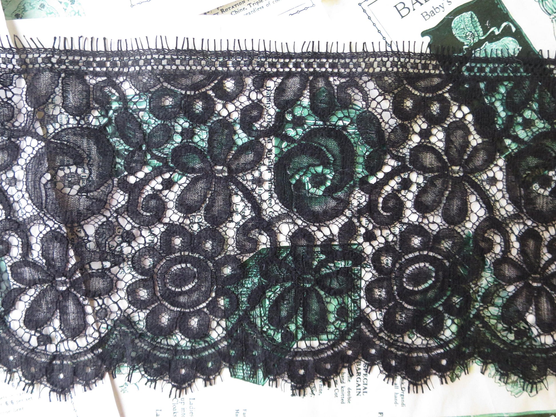 Black English Nottingham Lace- Floral Eyelash Guipure- 15 cm