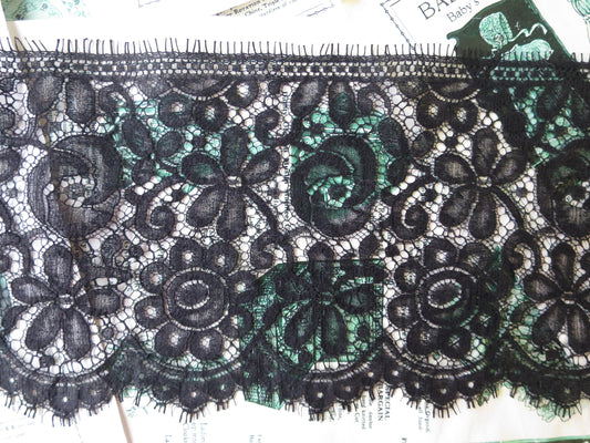 Black English Nottingham Lace- Floral Eyelash Guipure- 15 cm