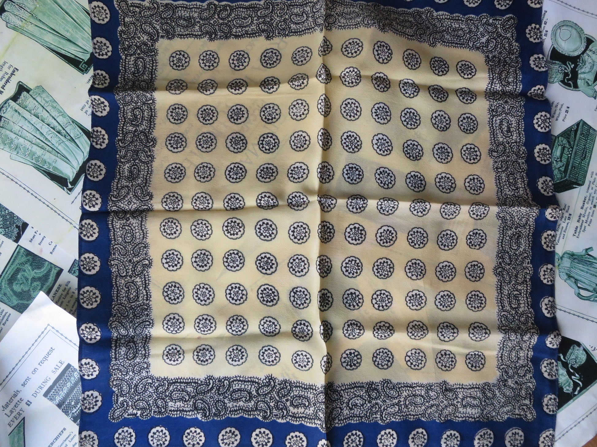 Antique Art Deco Faux Silk Paisley Printed Handkerchief