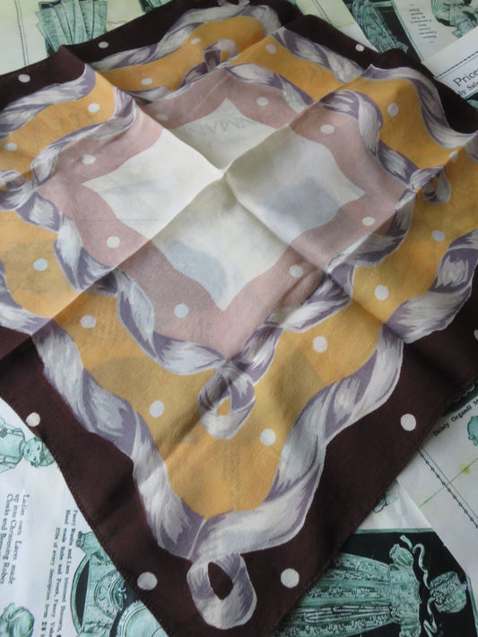 Muted Antique Art Deco Faux Silk Printed Handkerchief