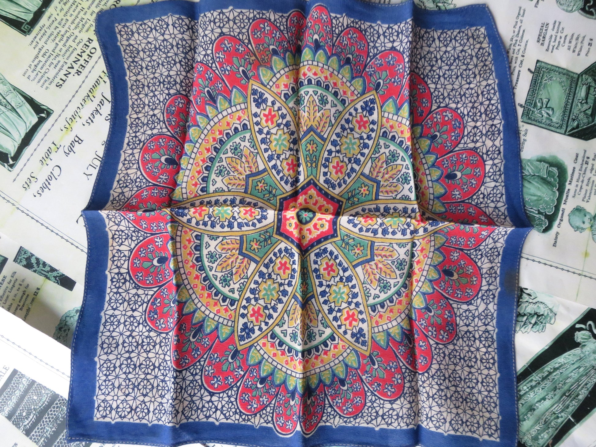 Antique Art Deco Faux Silk Printed Handkerchief