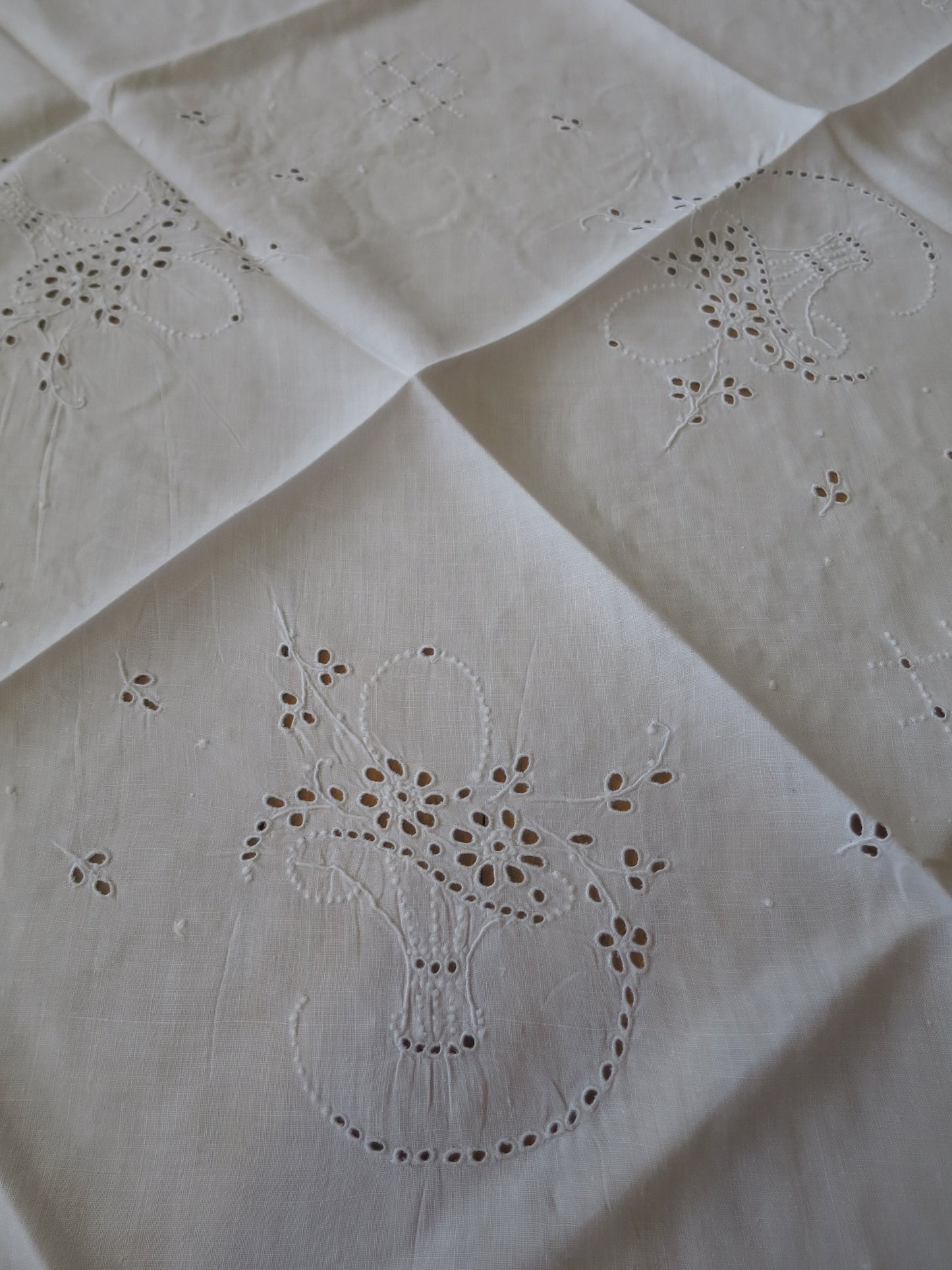 Antique Edwardian Circular Irish Linen Table Cloth- Hand Worked Whitework Eyelet Embroidery