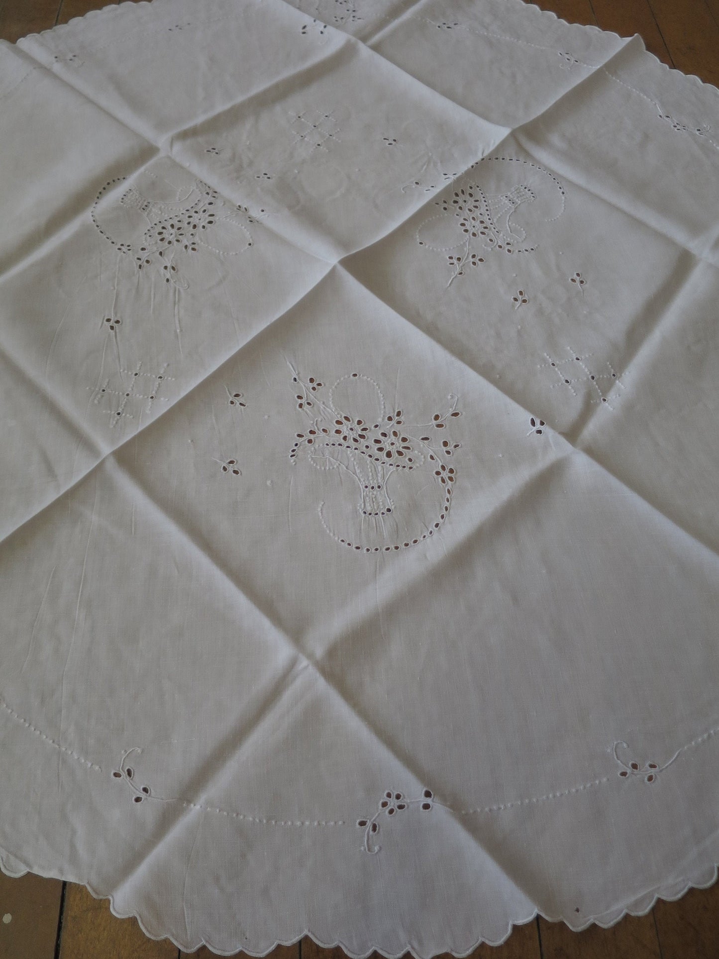 Antique Edwardian Circular Irish Linen Table Cloth- Hand Worked Whitework Eyelet Embroidery