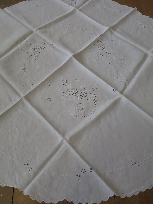 Antique Edwardian Circular Irish Linen Table Cloth- Hand Worked Whitework Eyelet Embroidery