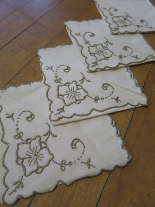 4 Vintage Irish Linen Madeira Hand Embroidered Napkins