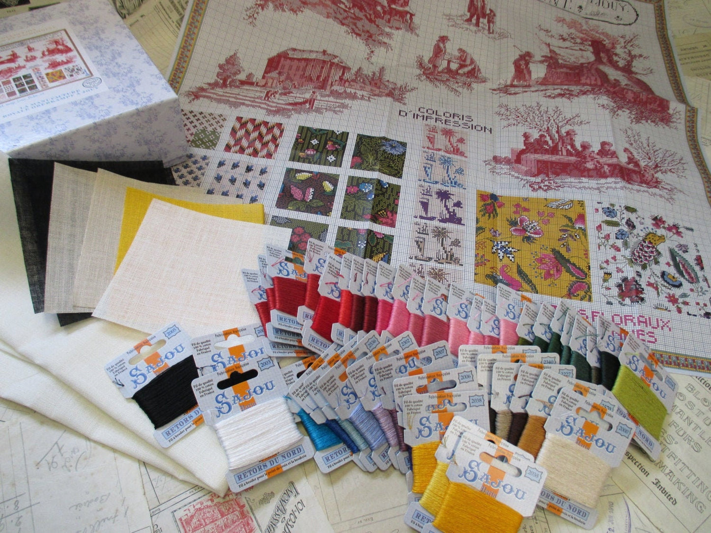 Sajou Museum & Heritage Gift Box Cross Stitch Kit- History of Toile du Jouy Fabric