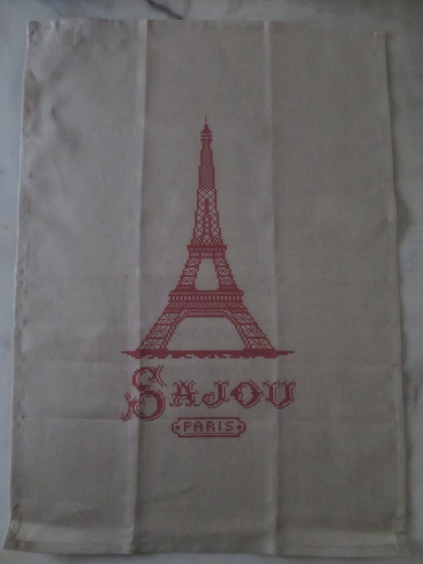 Sajou Cross Stitch Red Eiffel Tower French Linen Printed Tea Towel- Natural