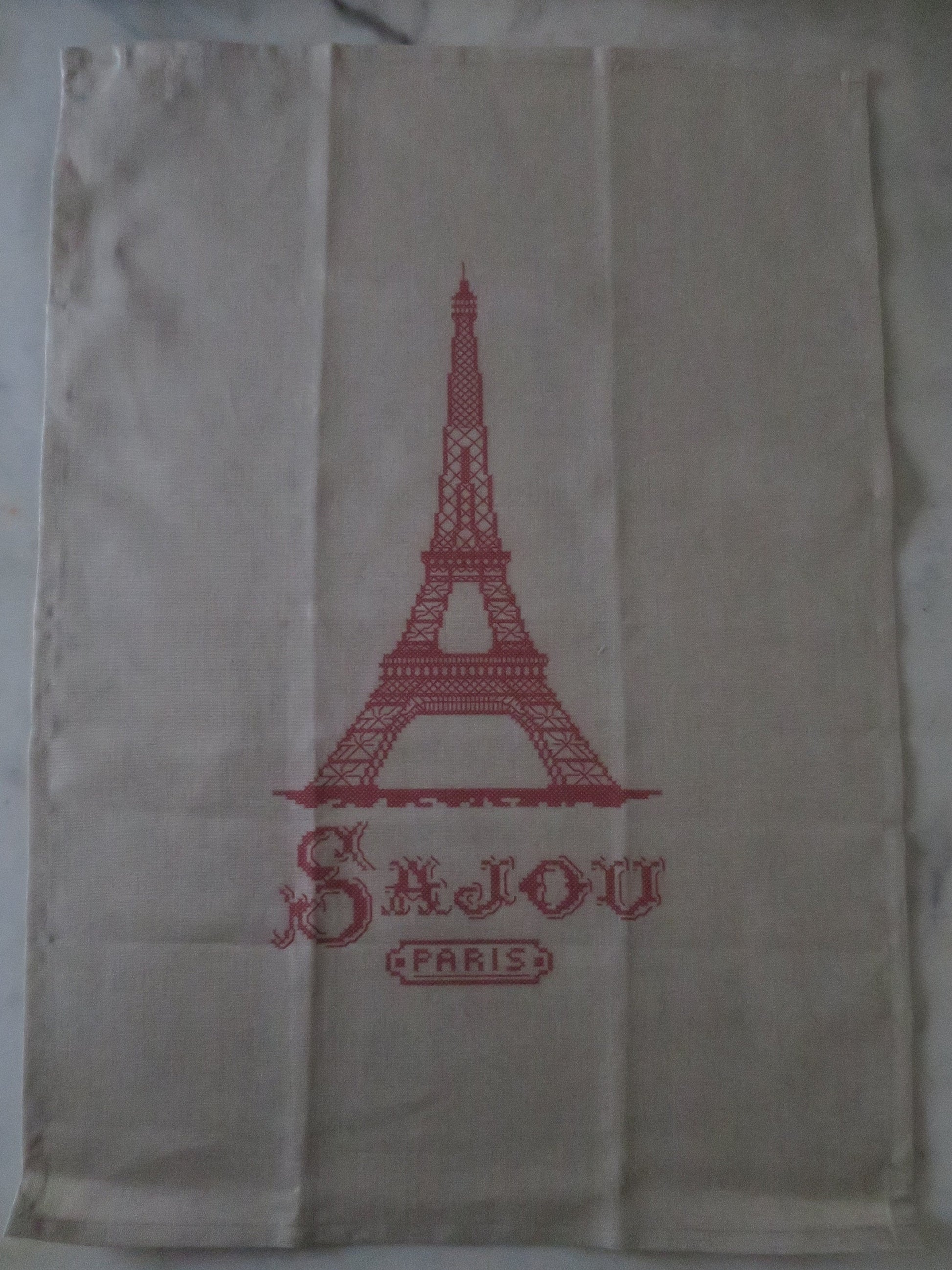 Sajou Cross Stitch Red Eiffel Tower French Linen Printed Tea Towel- Natural