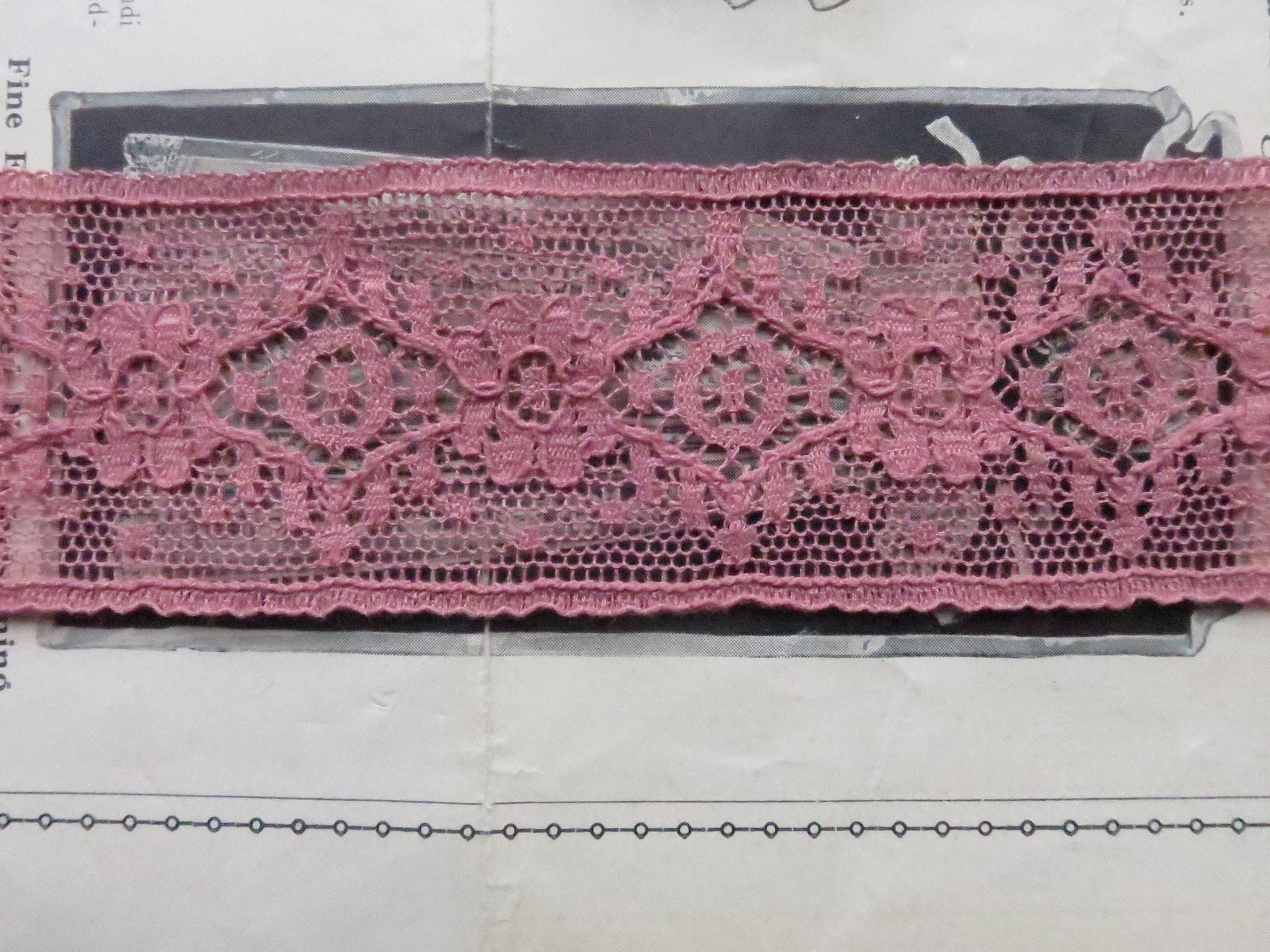 Dusky Pink English Nottingham Lace- Diamond & Floral Point- Insertion- 3.5 cm