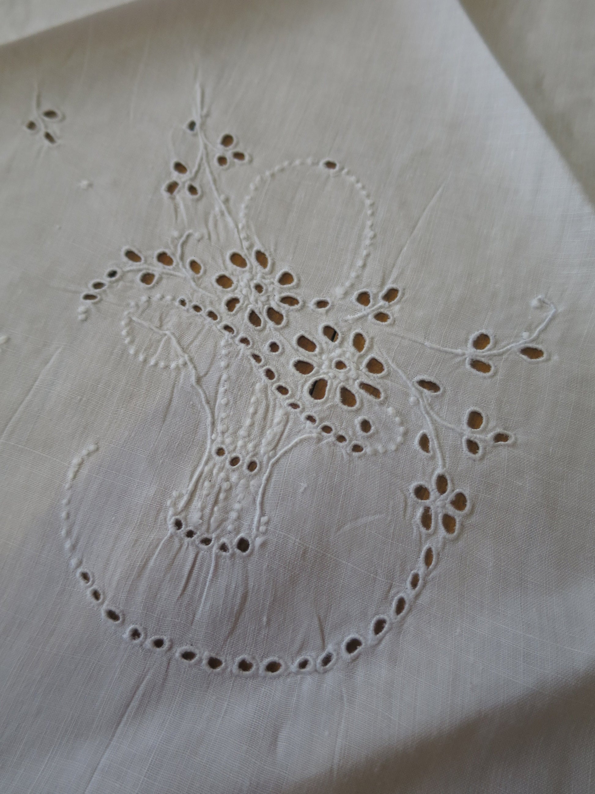 Antique Edwardian Circular Irish Linen Table Cloth- Hand Worked Whitework Eyelet Embroidery