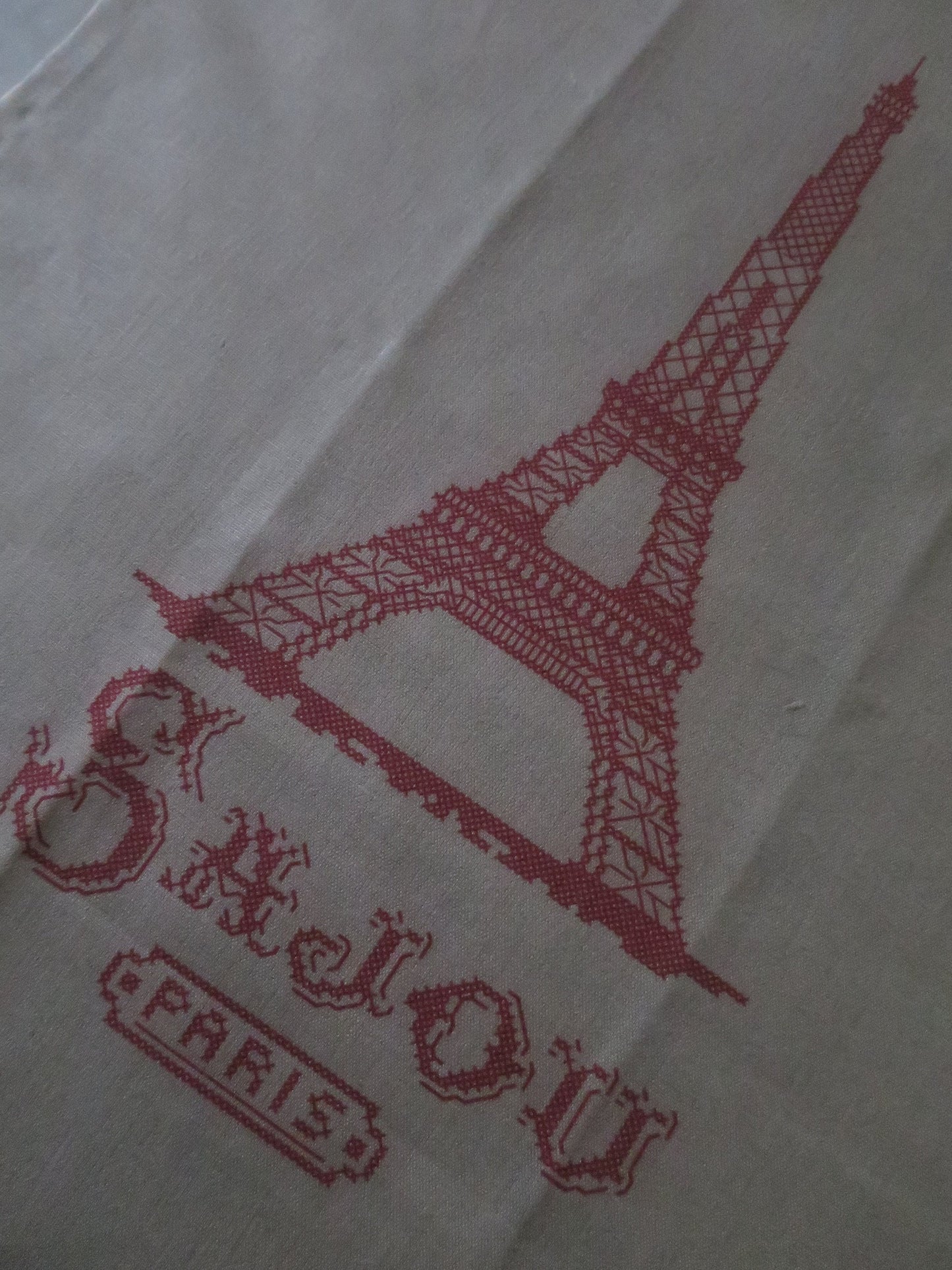 Sajou Cross Stitch Red Eiffel Tower French Linen Printed Tea Towel- Natural