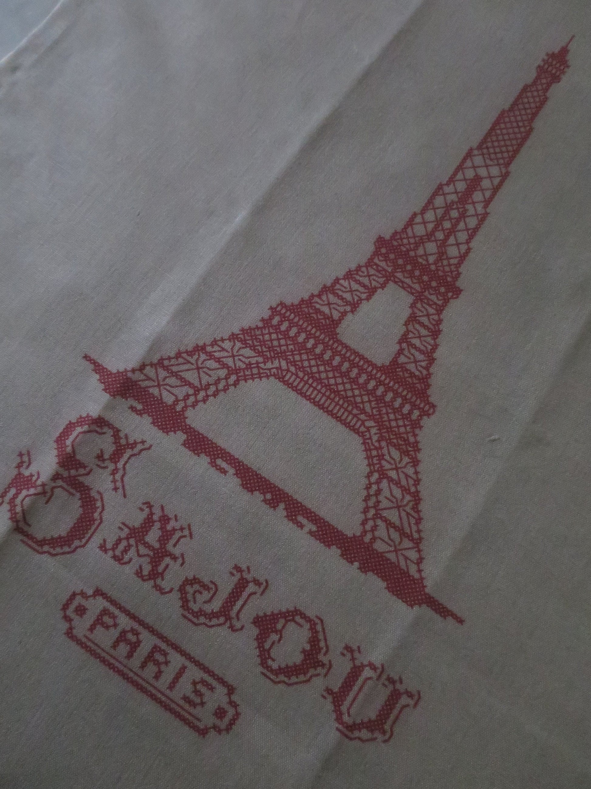 Sajou Cross Stitch Red Eiffel Tower French Linen Printed Tea Towel- Natural