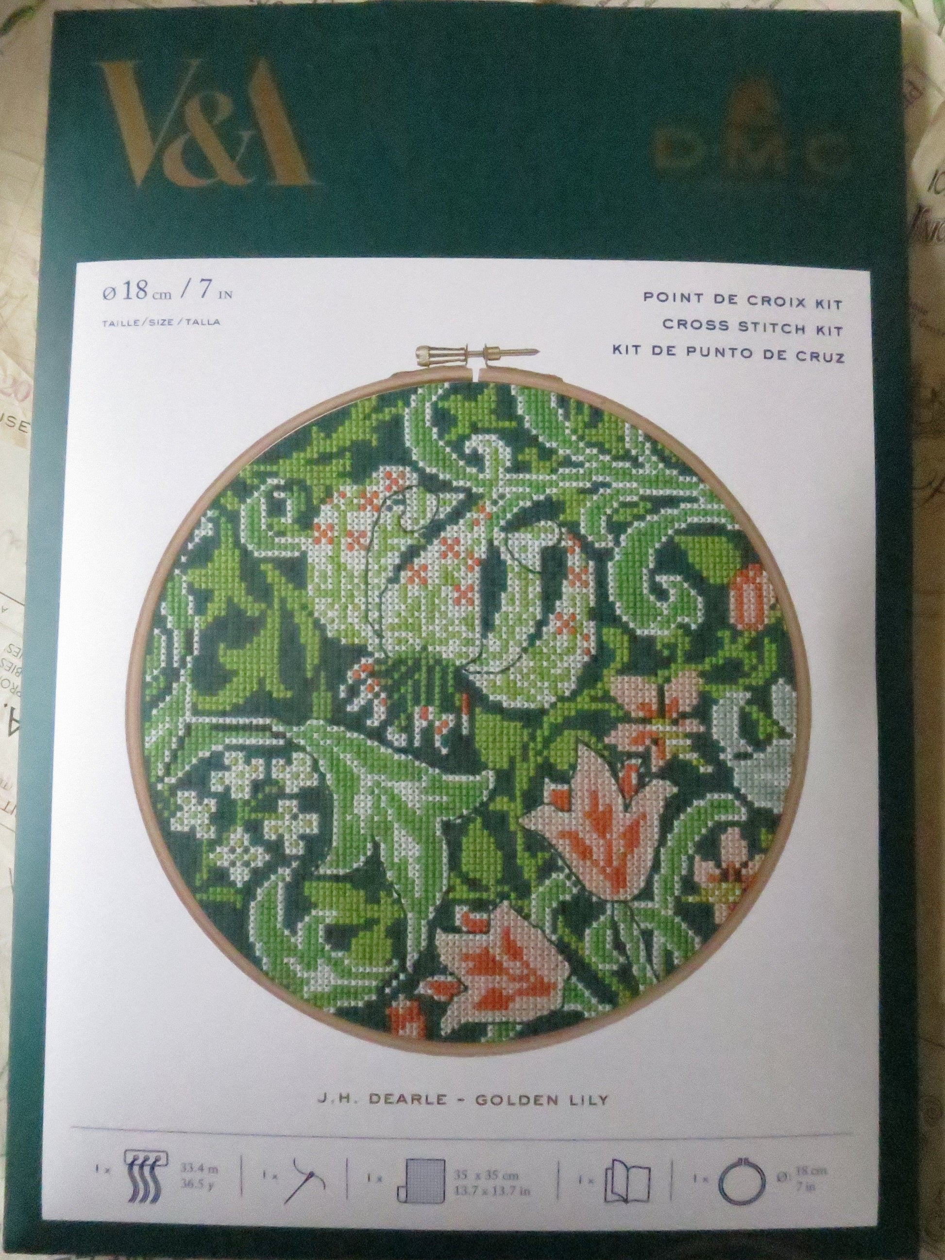 V&A J H Dearl 'Golden Lily' Hoop Cross Stitch Embroidery Kit