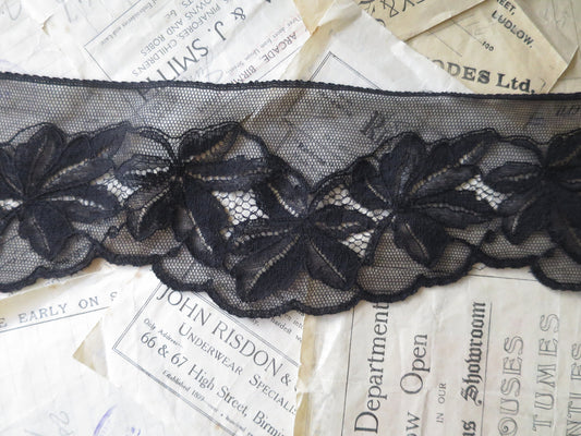 Black English Nottingham Lace- Foliage- 9.8 cm
