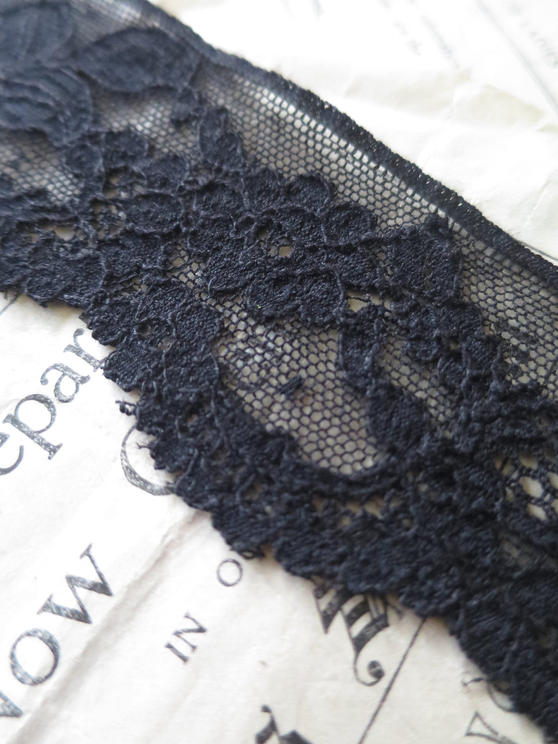 Black English Nottingham Lace- Chantilly Swags & Flowers 5.5 cm